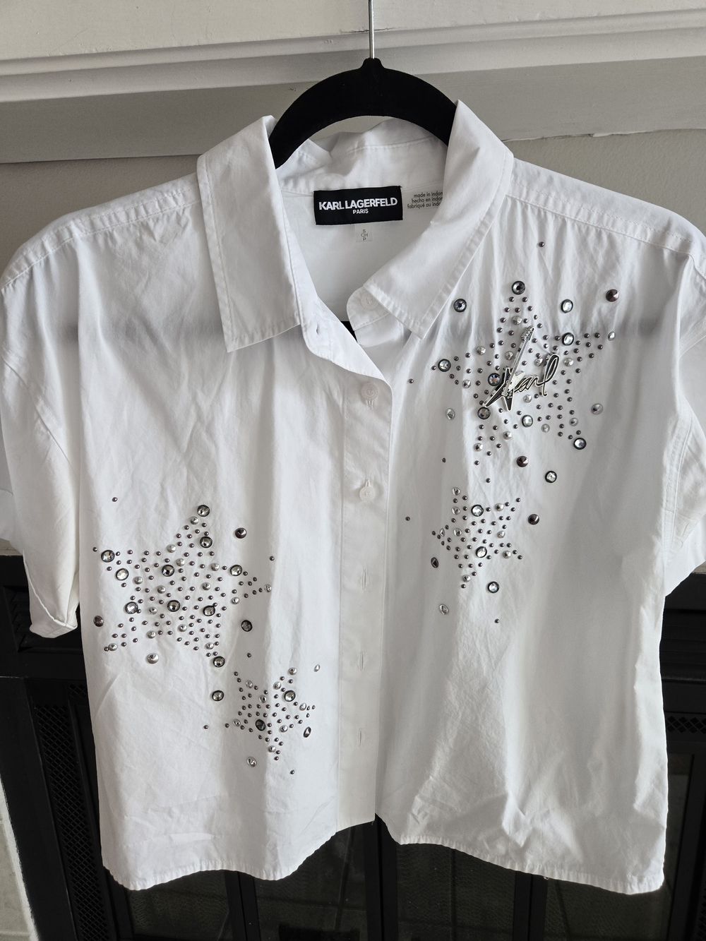 Karl Lagerfeld Cropped White Short-Sleeve Button Shirt with Studded Star Details